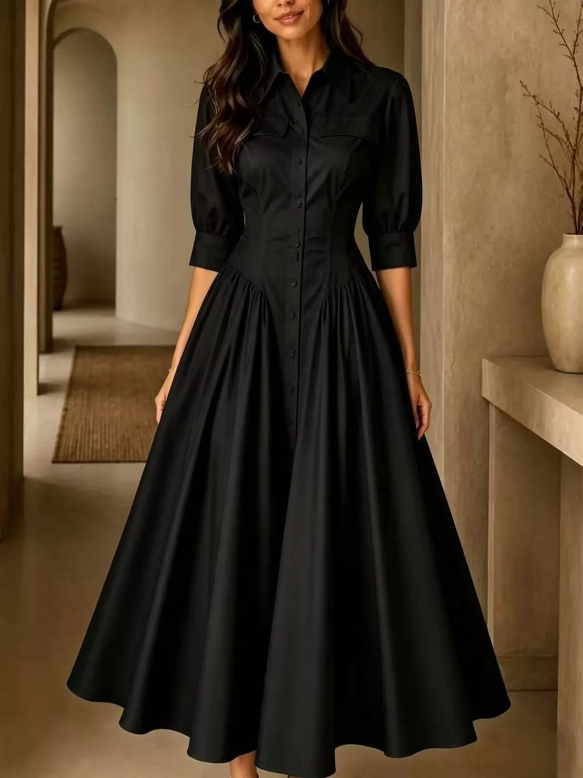 Plus Size Shirt Dress with Cinched Waist | Button-Down