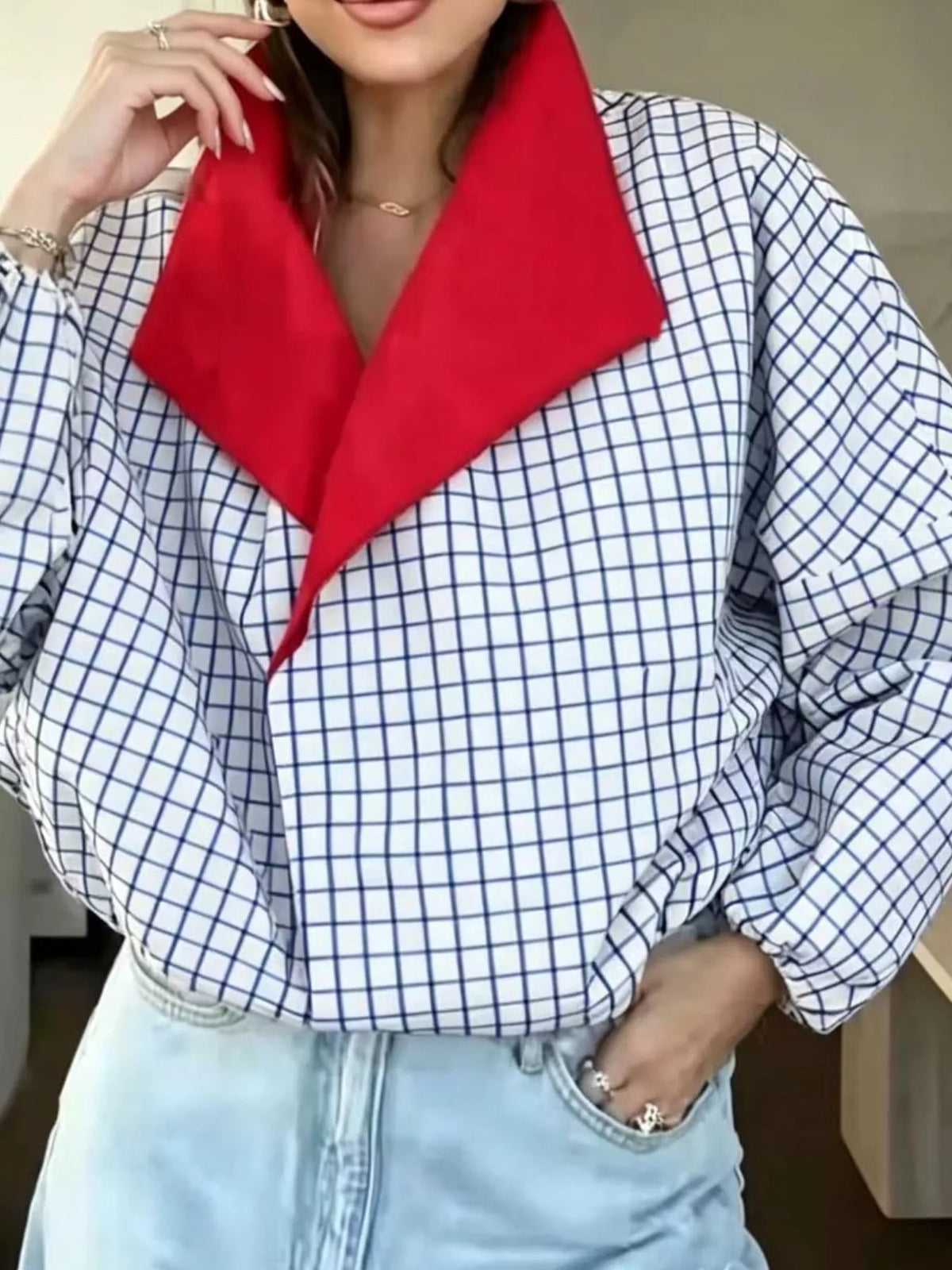 Contrast Lapel Plaid Casual Jacket