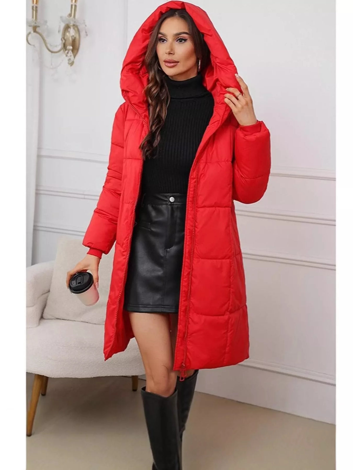 Full Size Zip Up Hooded Longline Puffer Outerwear Plus Size