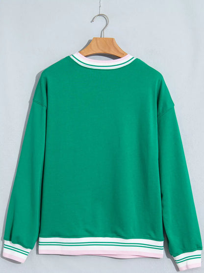 Merry Holiday Graphic Striped Trim Crew Neck Sweatshirt
