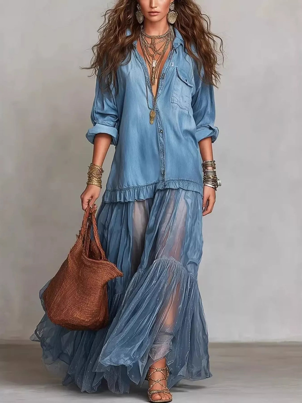 Full Size Sheer Tiered Long Sleeve Maxi Dress Plus Size