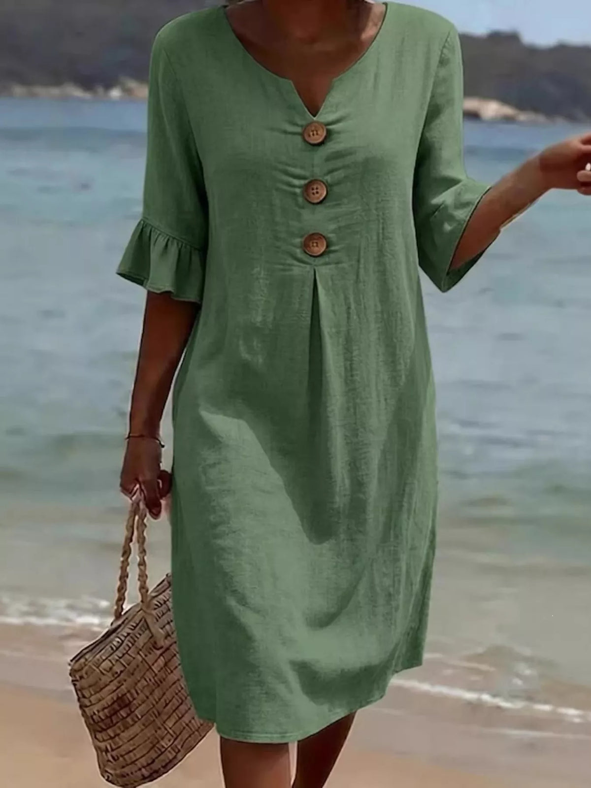 Full Size Button Decor Ruffle Sleeve Midi Dress Plus Size