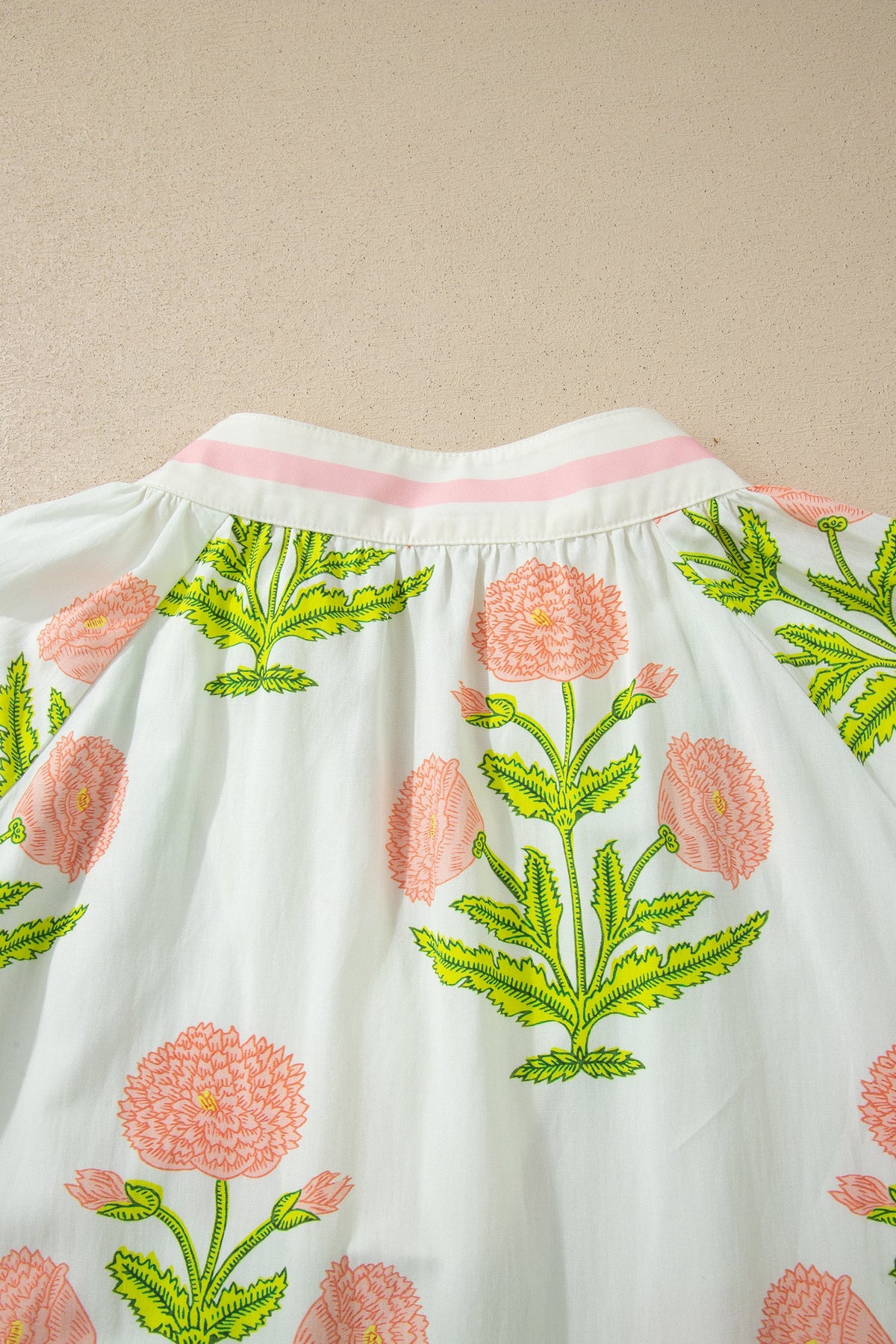 Pink Plus Size Floral Print Striped Trim V Neck Blouse