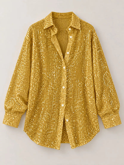 Full Size Sequin Button Up Long Sleeve Shirt Plus Size