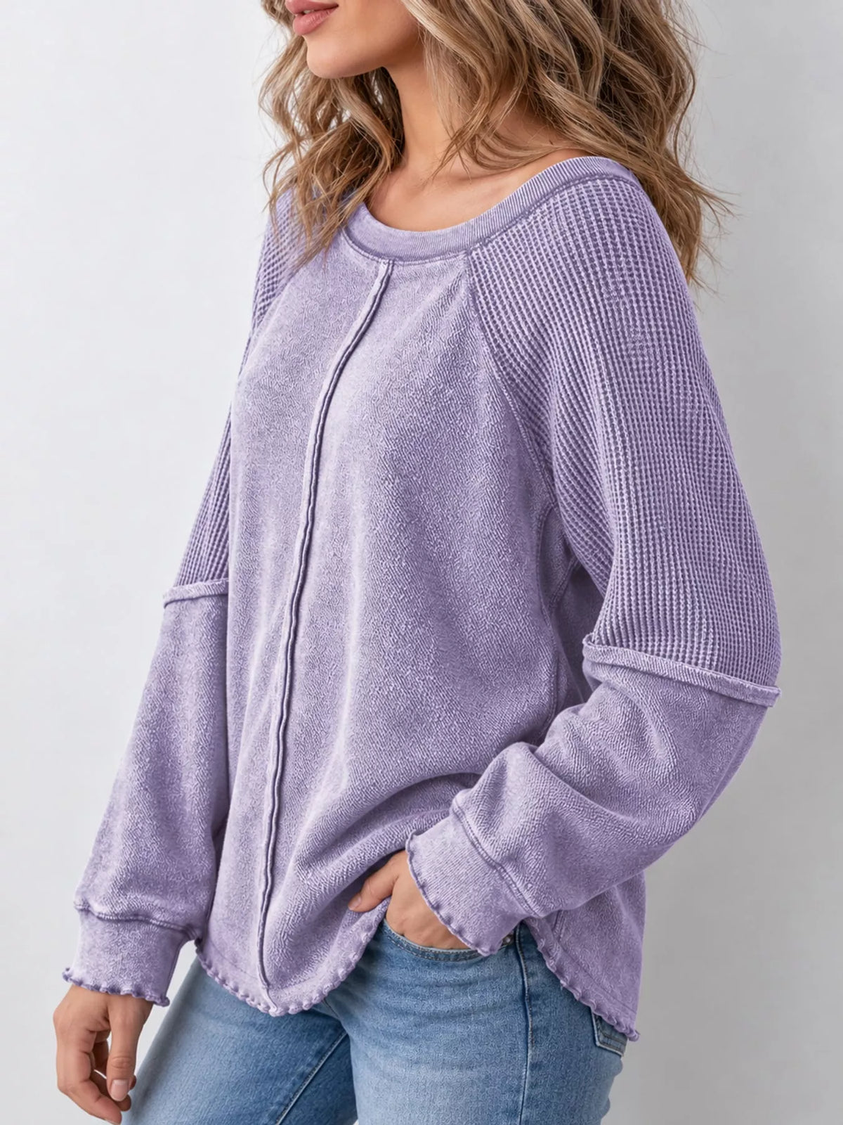 Waffle Knit Raglan Sleeve Sweatshirt