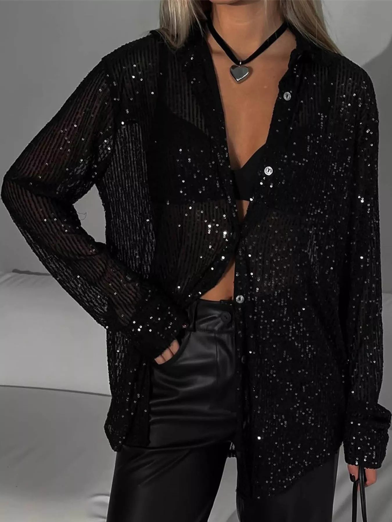 Full Size Sequin Button-Down Shirt Plus Size