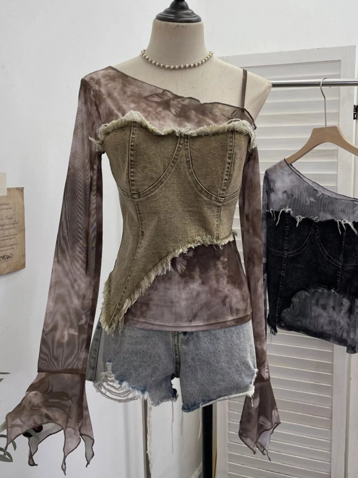 Asymmetrical Neck Denim Patchwork Top