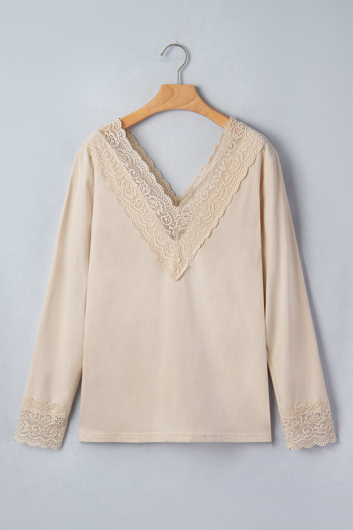 Apricot Lace Splicing V Neck Long Sleeve Top