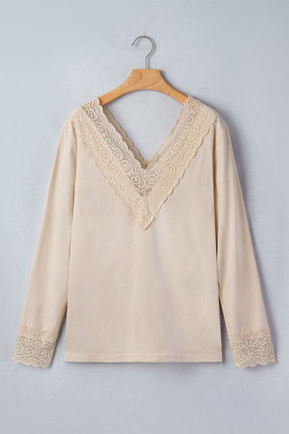 Apricot Lace Splicing V Neck Long Sleeve Top