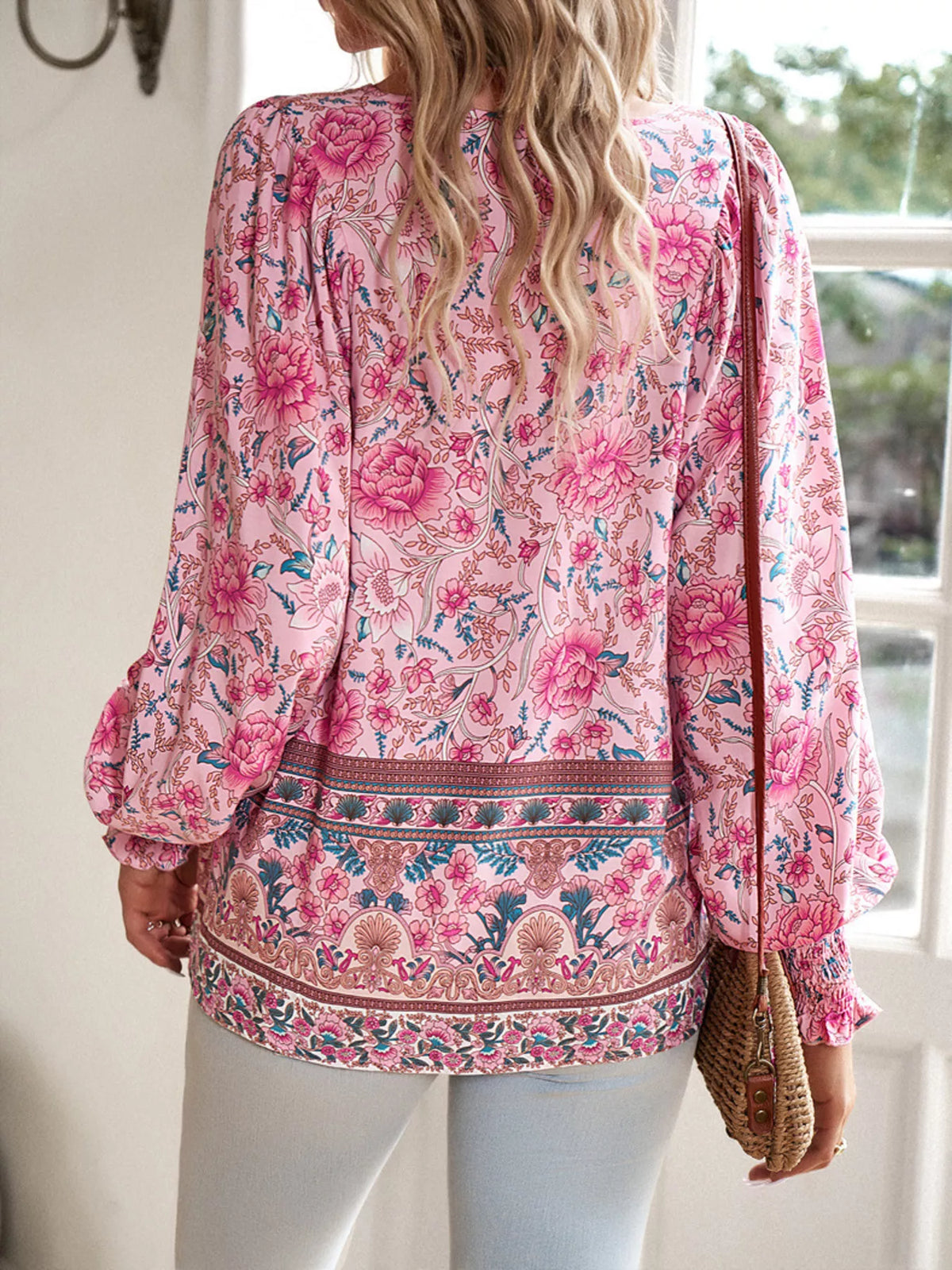 Floral Print Tie-Neck Blouse with Smocked Cuffs