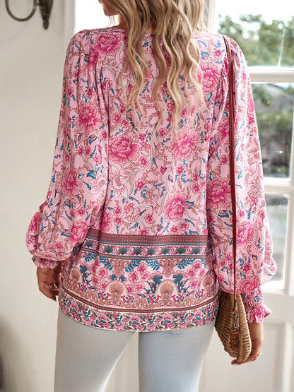 Floral Print Tie-Neck Blouse with Smocked Cuffs