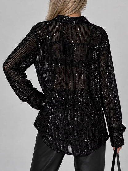Full Size Sequin Button-Down Shirt Plus Size