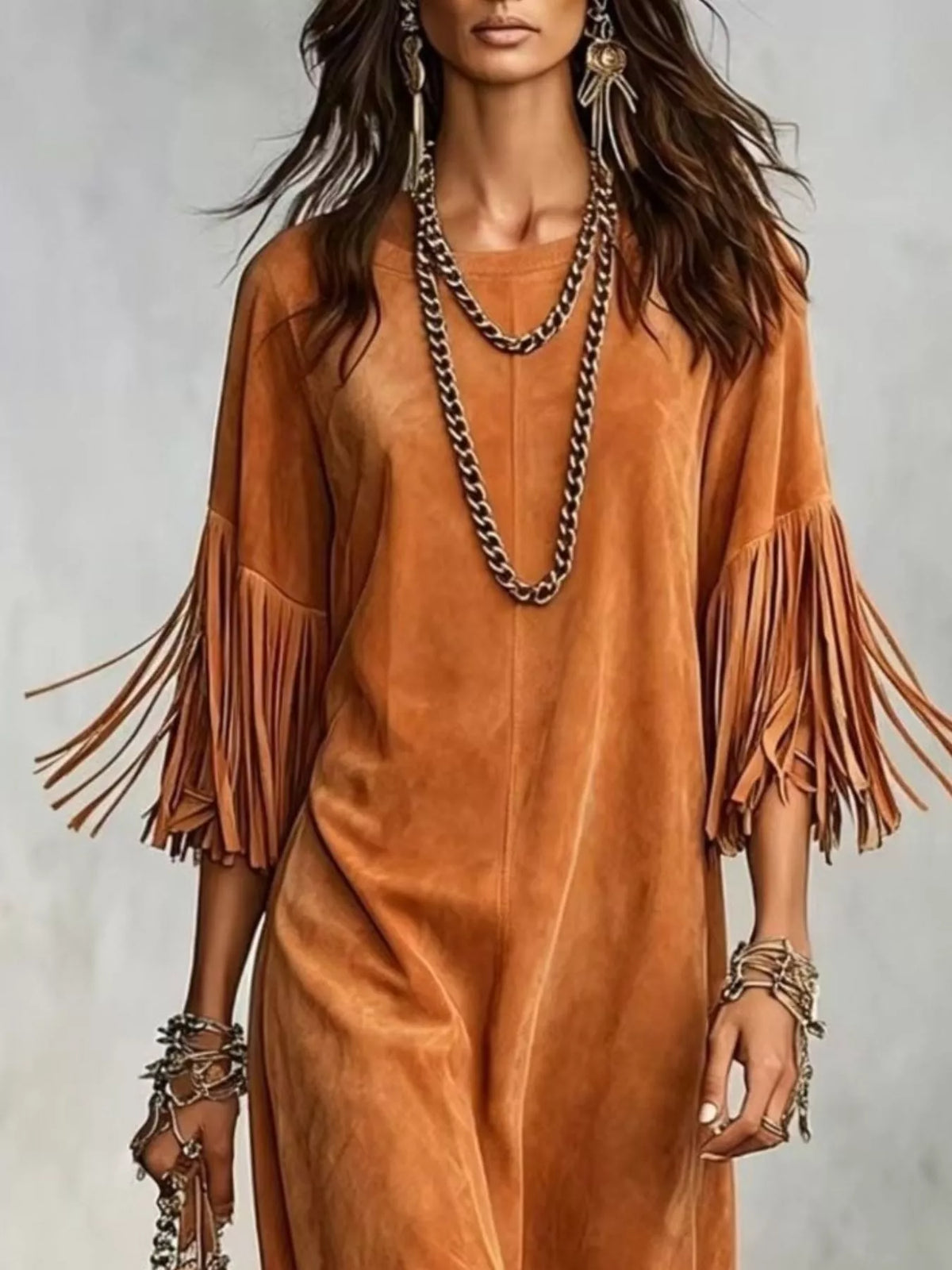 Fringed Round Neck Midi Dress