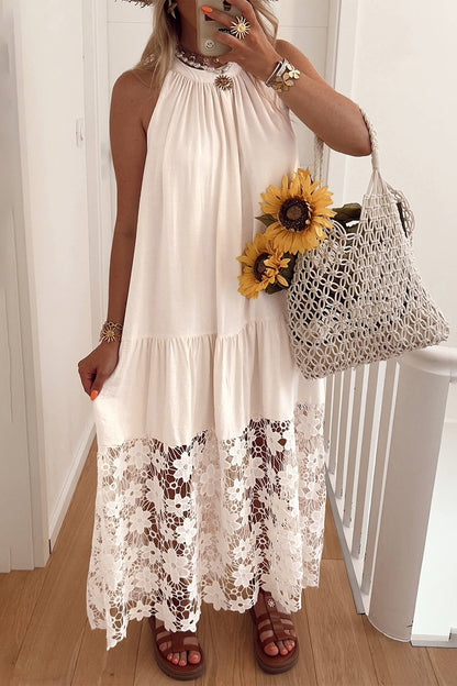 Beige Sheer Hollowed Floral Lace Hem Patchwork Loose Halter Summer Dress
