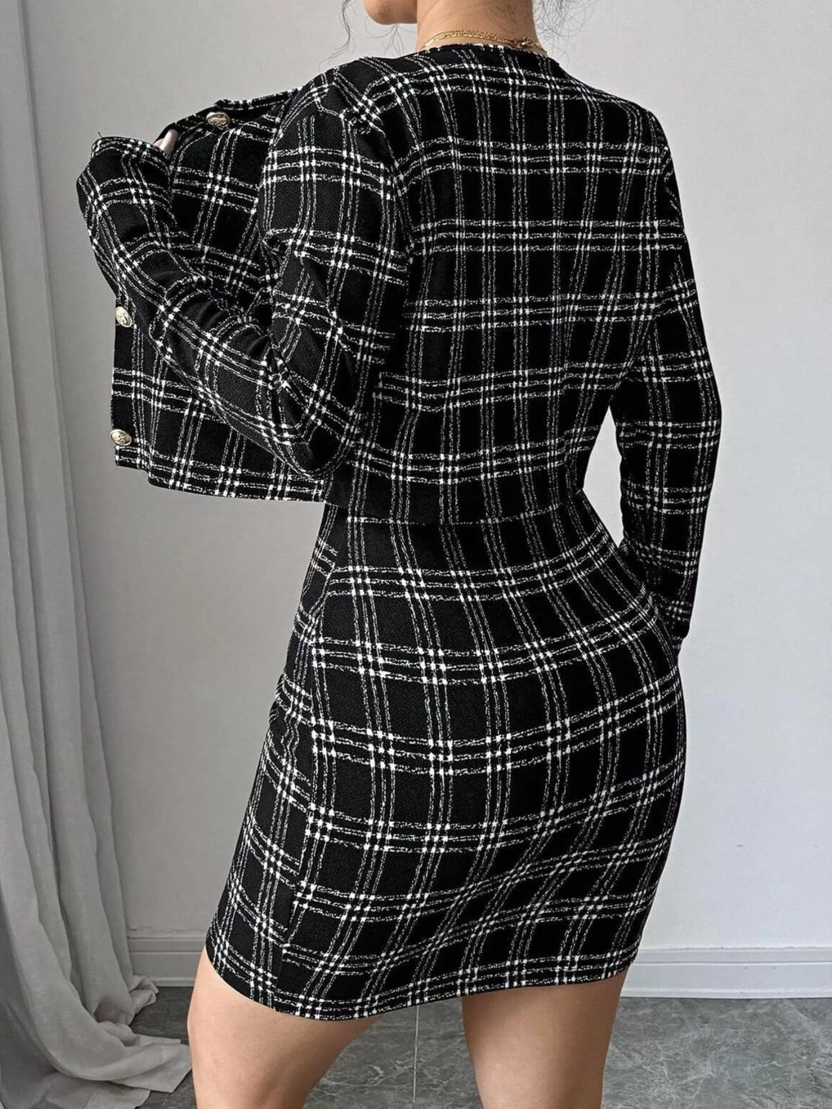 Plaid Tweed Crop Outerwear and Bodycon Mini Dress Two-Piece Set