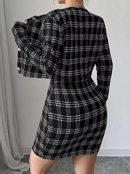 Plaid Tweed Crop Outerwear and Bodycon Mini Dress Two-Piece Set