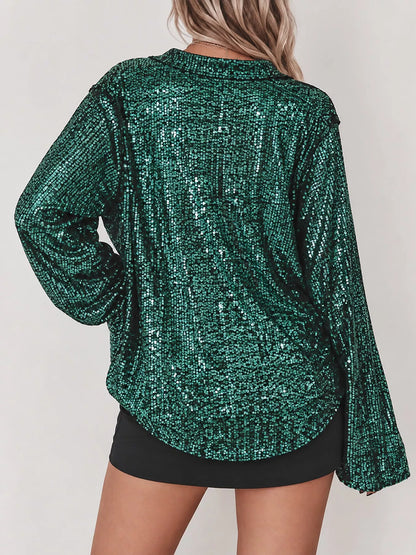 Full Size Sequin Button-Down Shirt Plus Size