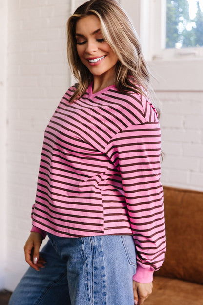 Pink Stripe V Neck Long Sleeve Drop Shoulder Blouse
