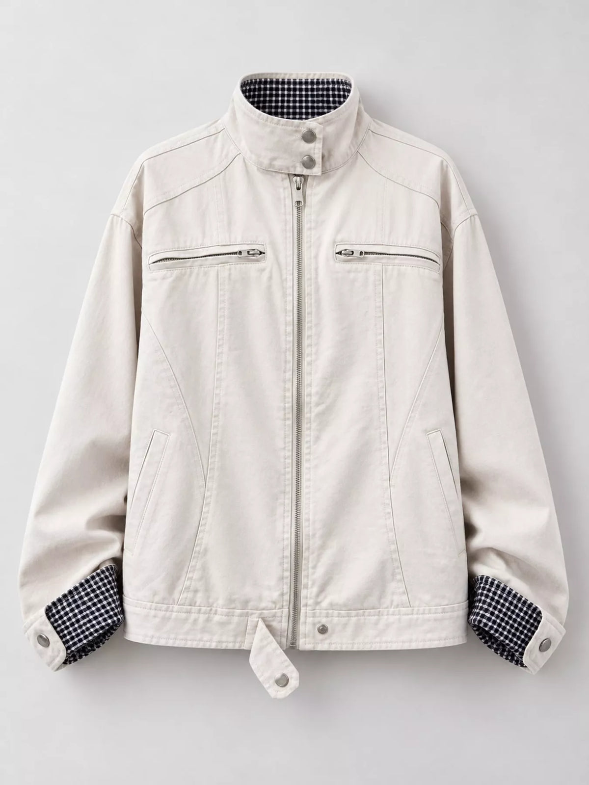 Contrast Plaid Cuffs Zip Up Jacket
