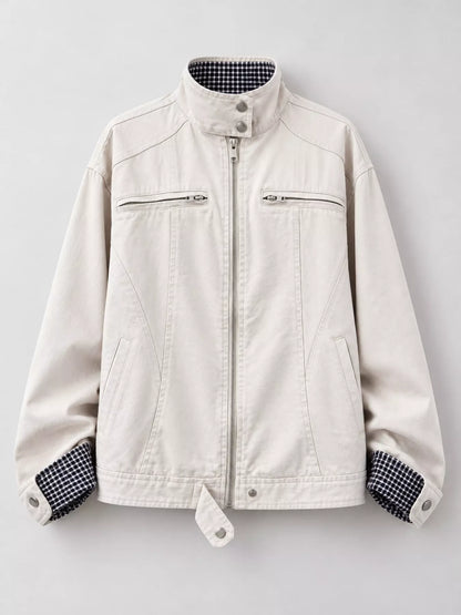 Contrast Plaid Cuffs Zip Up Jacket