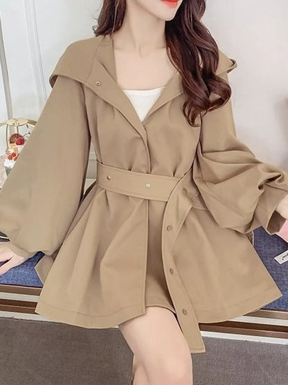 Lantern Sleeve Hooded Outerwear with Belted Waist