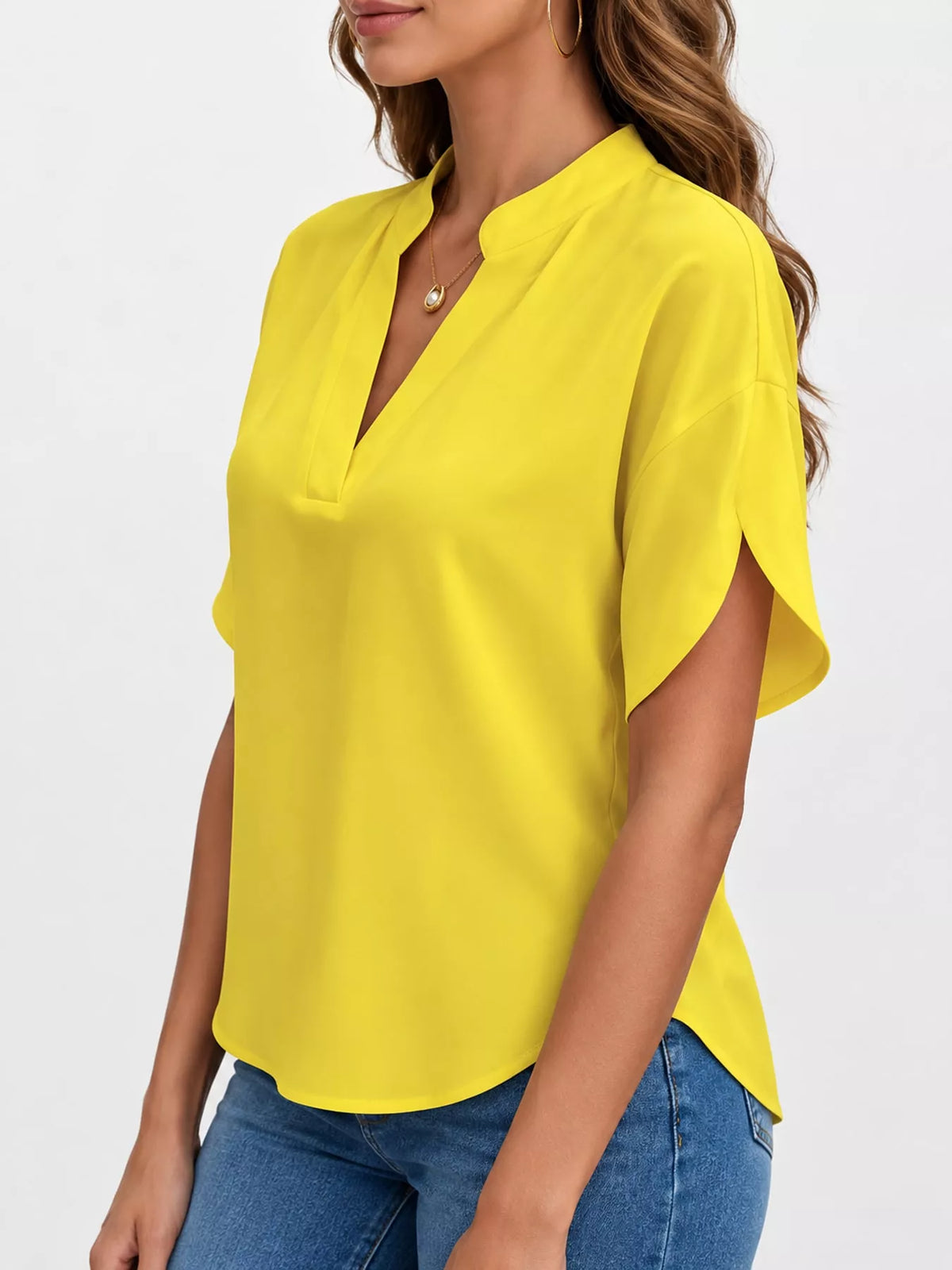 Notched Slit Short Sleeve Blouse