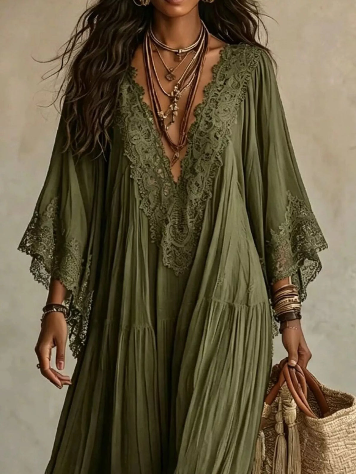 Lace Trim V-Neck Maxi Dress | Feminine Boutique Style