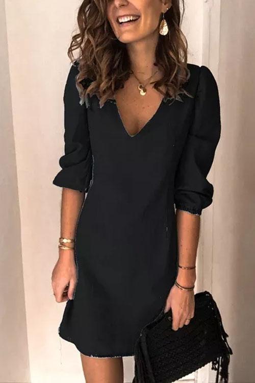 Clidress Puff Sleeve Simple Denim Dress