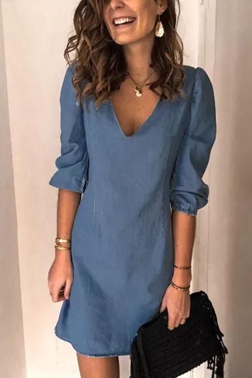 Clidress Puff Sleeve Simple Denim Dress