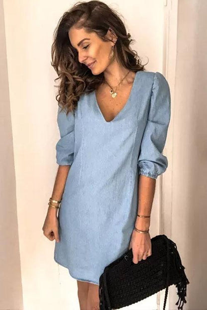 Clidress Puff Sleeve Simple Denim Dress