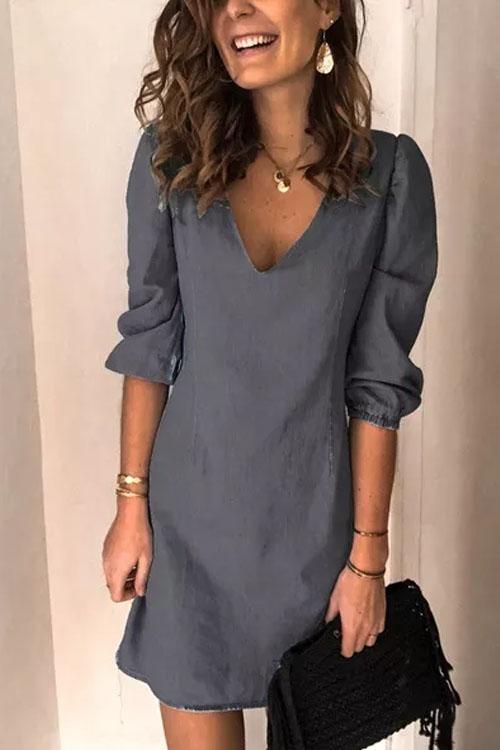Clidress Puff Sleeve Simple Denim Dress