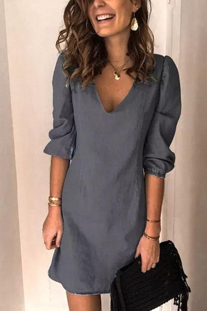 Clidress Puff Sleeve Simple Denim Dress