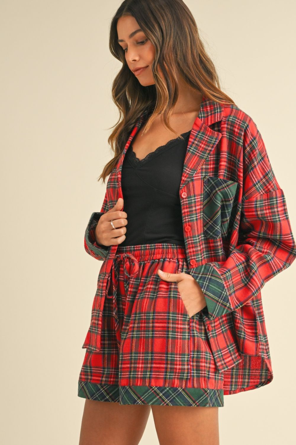 Annie Wear Contrast Plaid Long Sleeve Top And Shorts Pajama Set