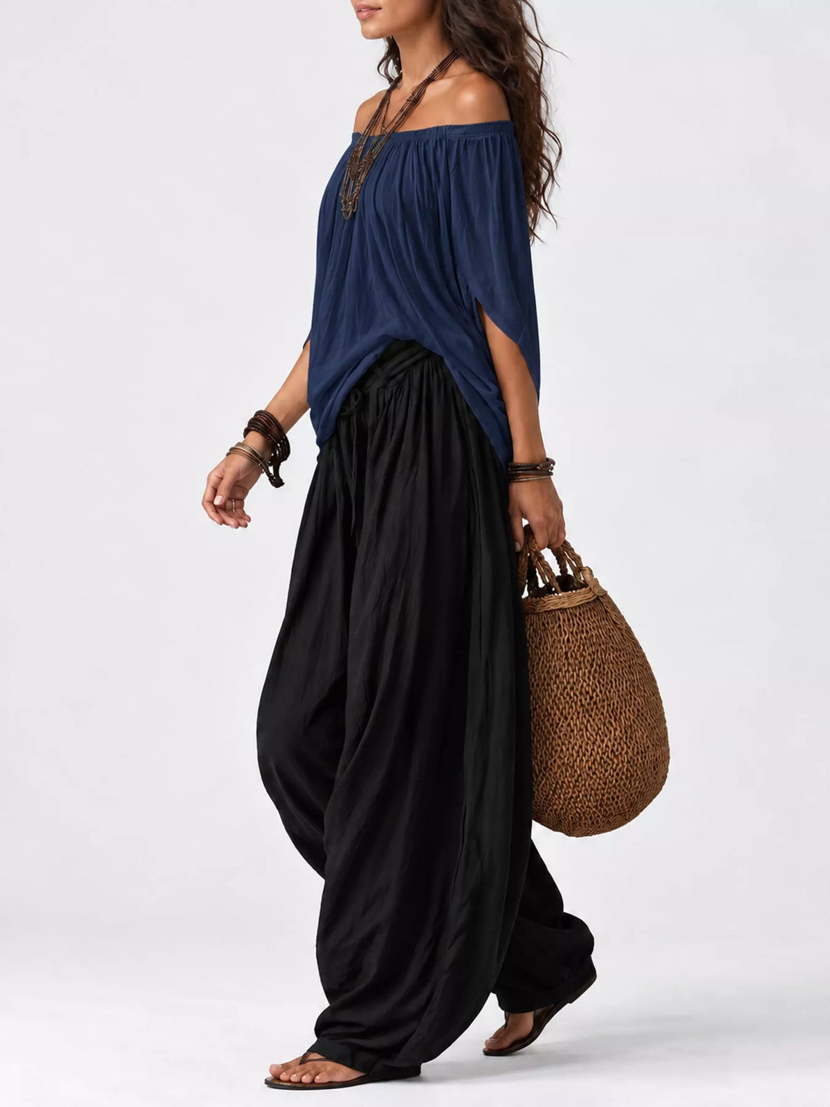 Full Size Off-Shoulder Top and Wide-Leg Harem Pants Set Plus Size