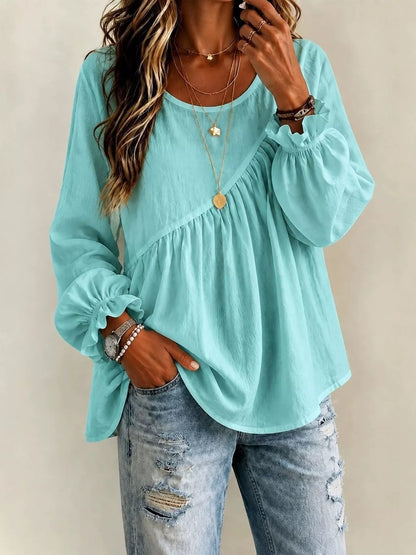 Long Sleeve Blouse with Asymmetric Pleated Detail