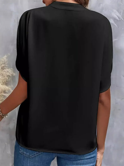 Notched Slit Short Sleeve Blouse