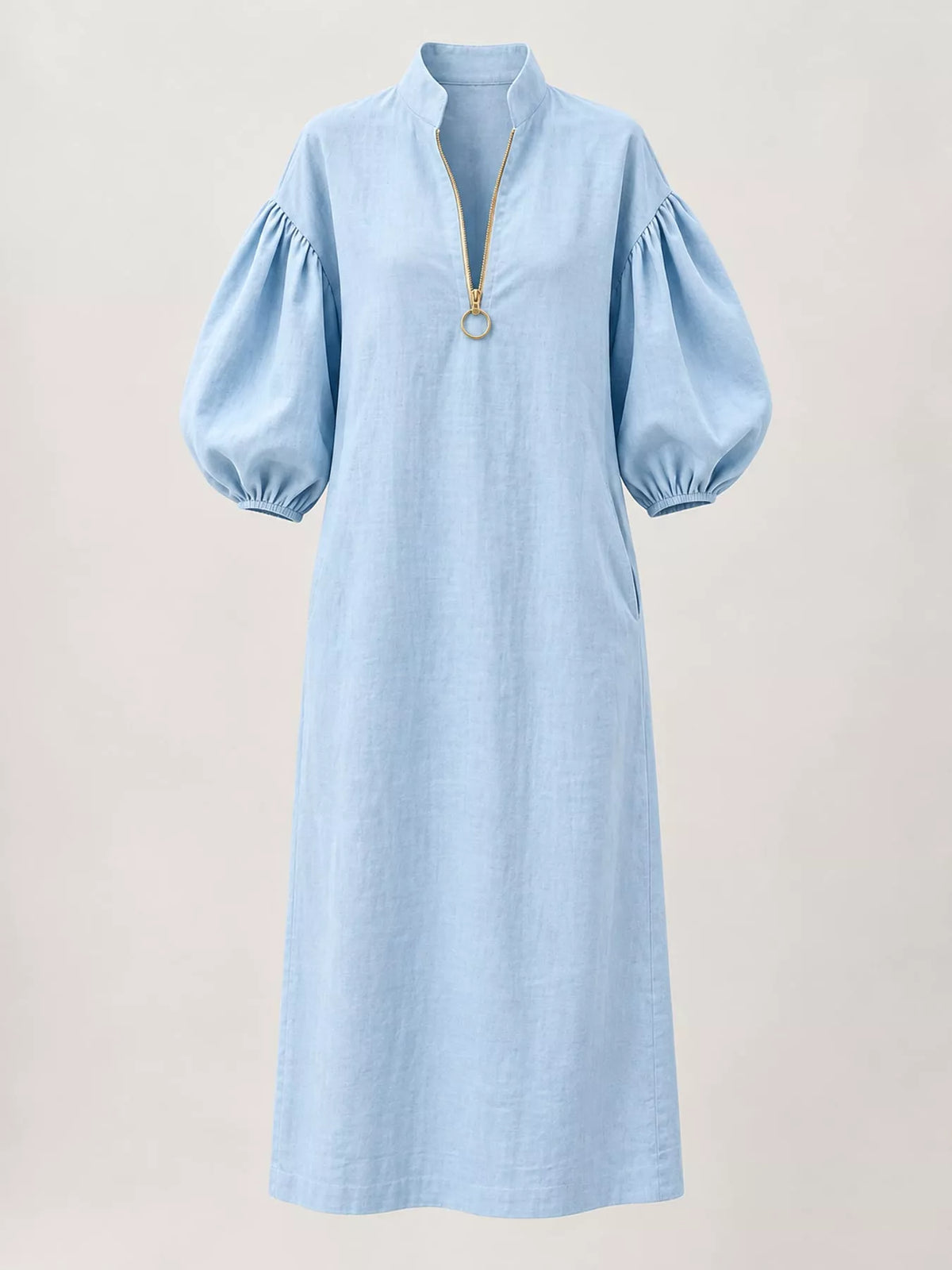 Half-Zip Puff Sleeve Midi Dress