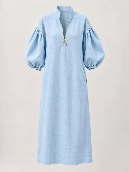 Half-Zip Puff Sleeve Midi Dress