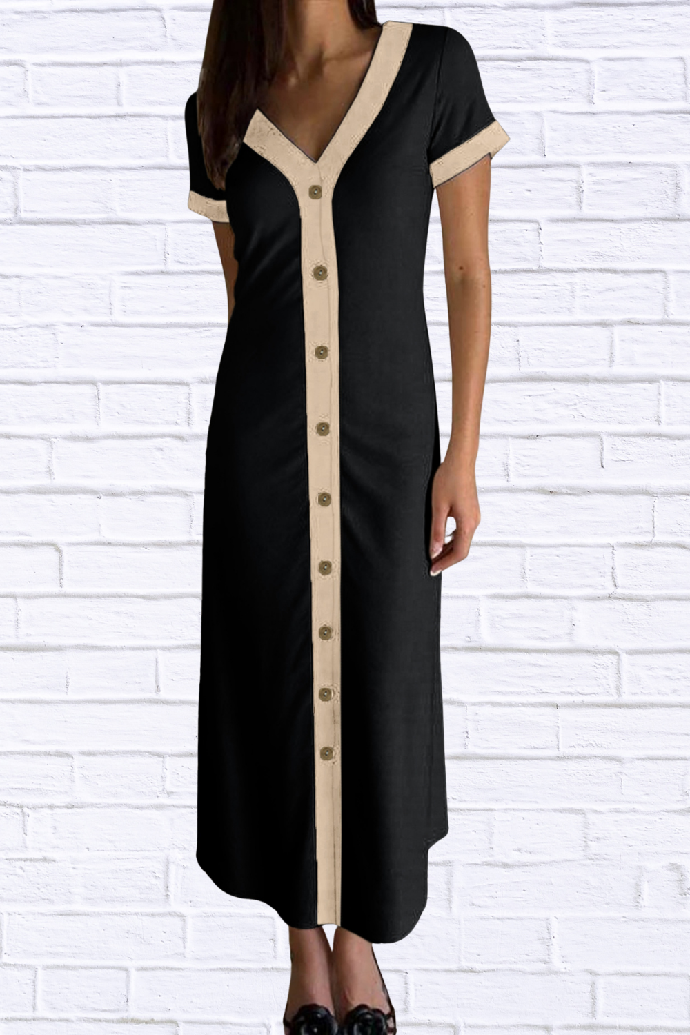 Button-Front Contrast Trim Midi Dress Black