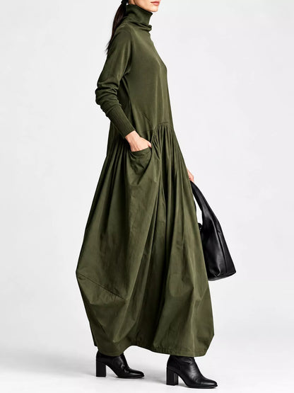 Turtleneck Maxi Dress with Long Sleeves and Pockets