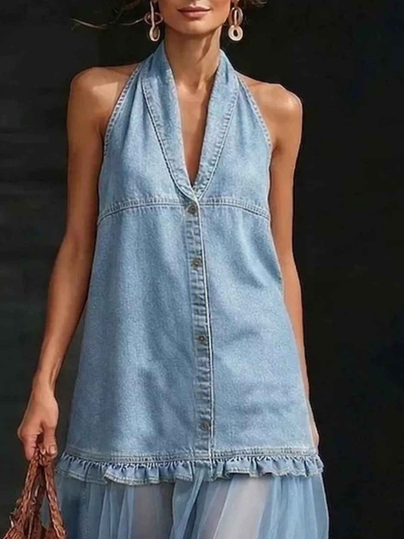 Full Size Ruffle Hem Sleeveless Sheer Tulle Denim Dress Plus Size