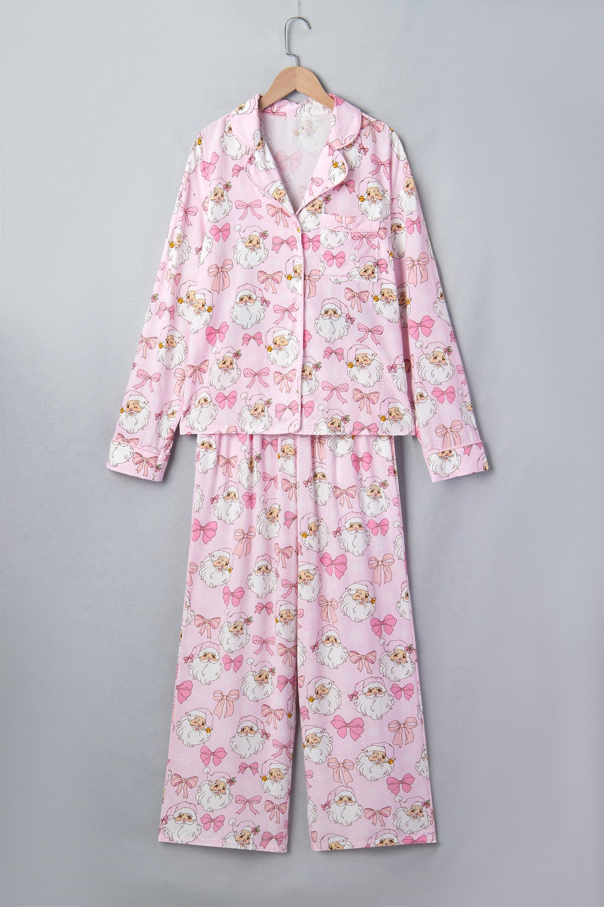 Pink Abstract Santa Print Long Sleeve Full-Length 2Pcs Lounge Set