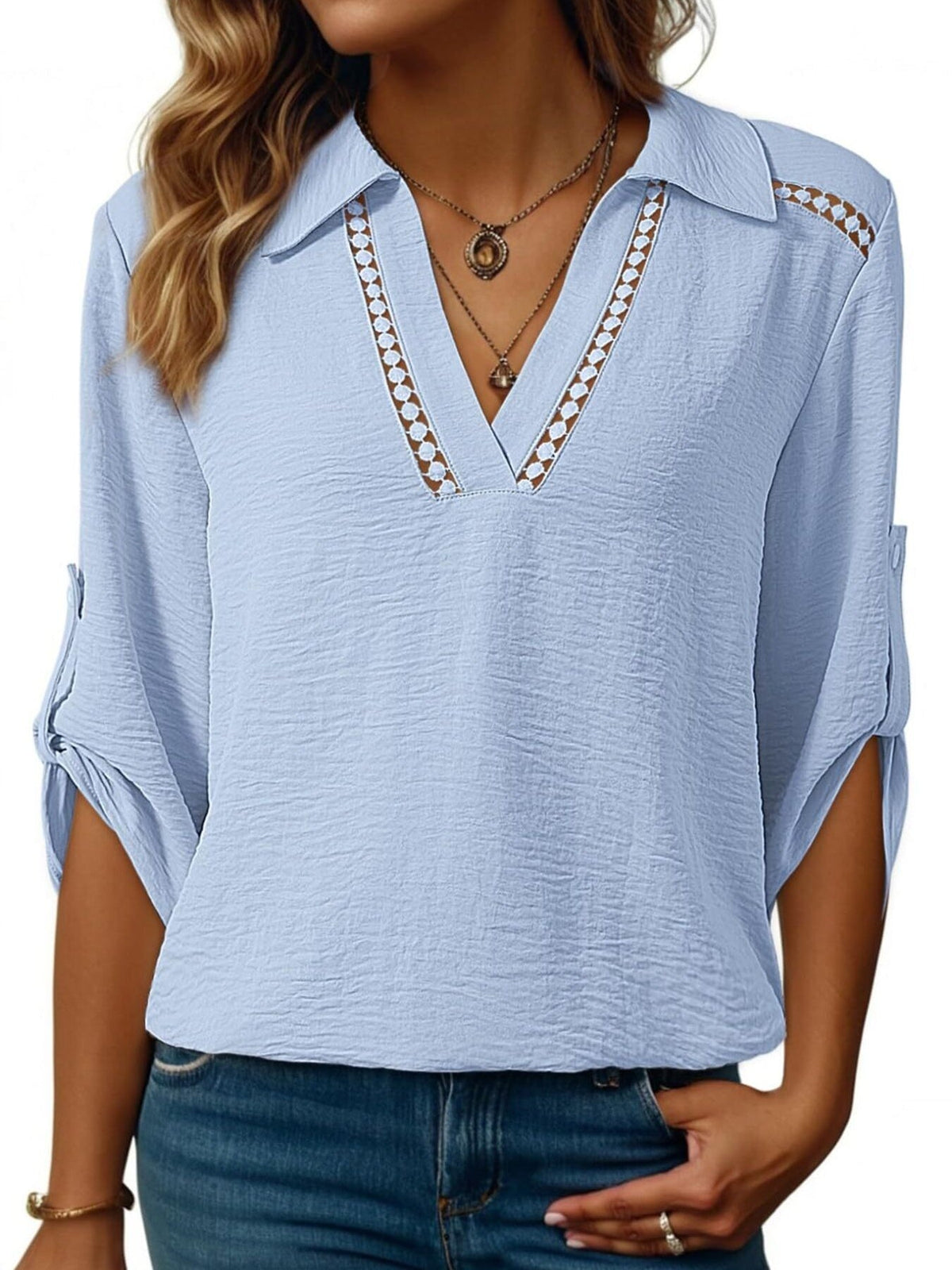 Johnny Collar Roll-Up Sleeve Blouse