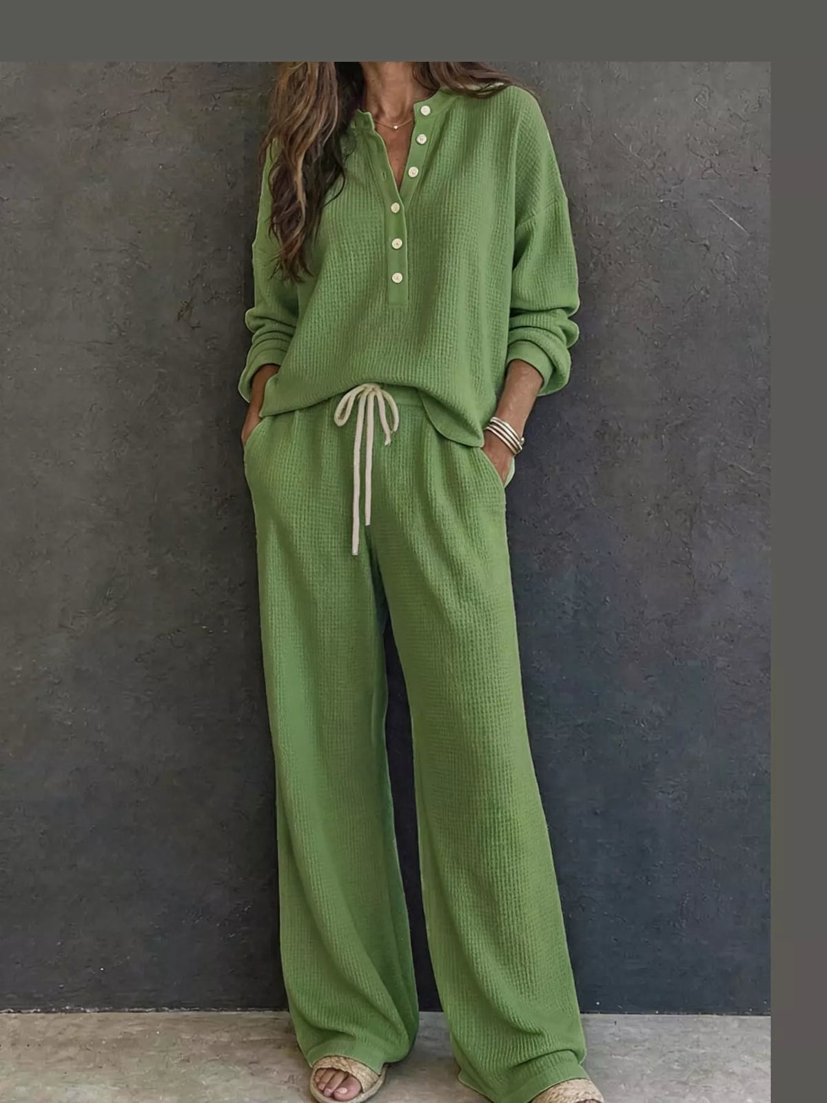 Women’s Waffle Knit Two-Piece Pants Set – Button-Front Top & Wide-Leg Pants