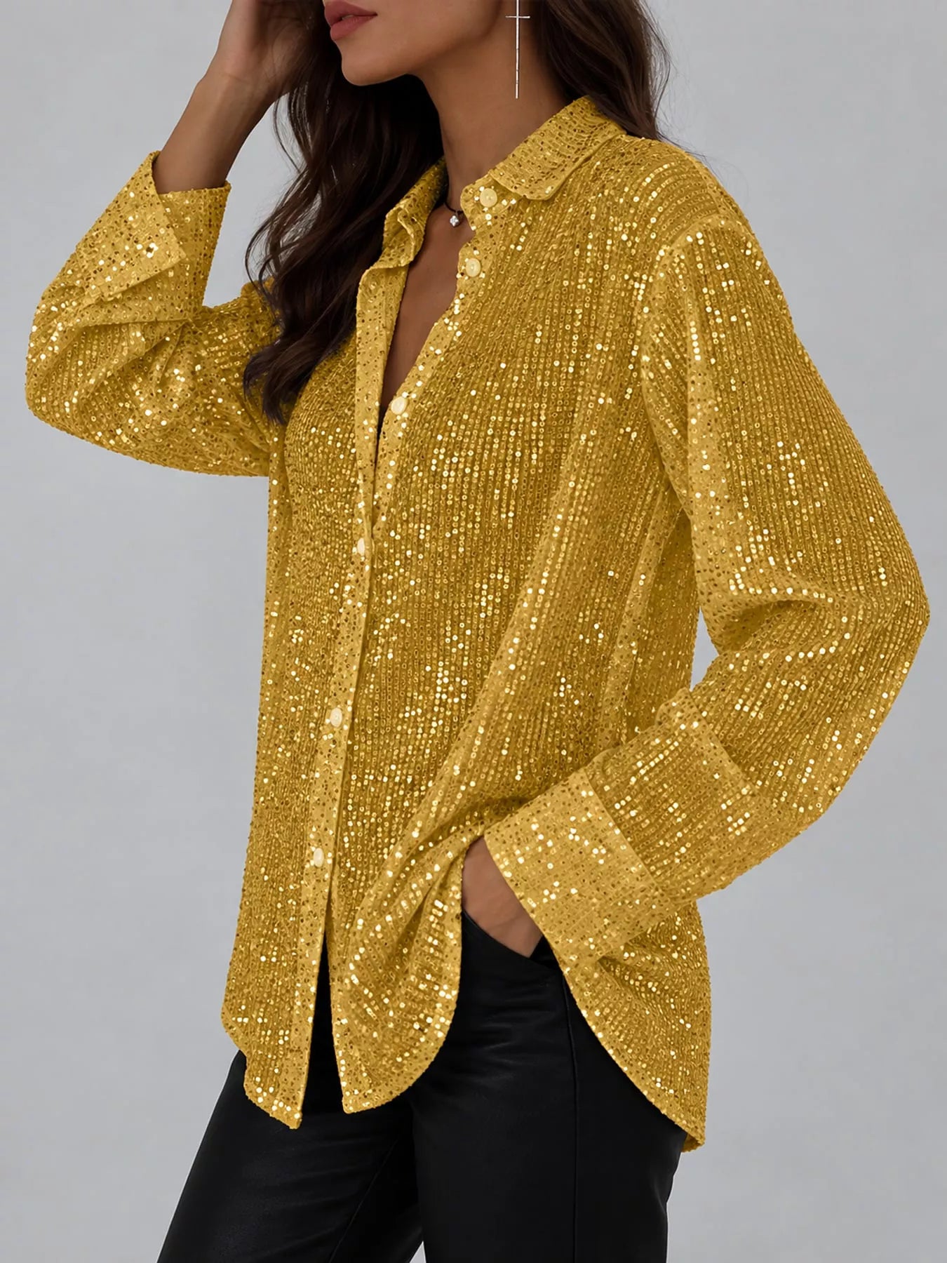 Full Size Sequin Button-Down Shirt Plus Size