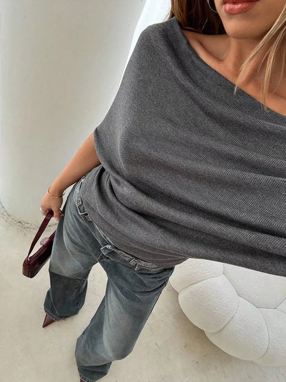 Off-Shoulder Ruched Knit T-Shirt