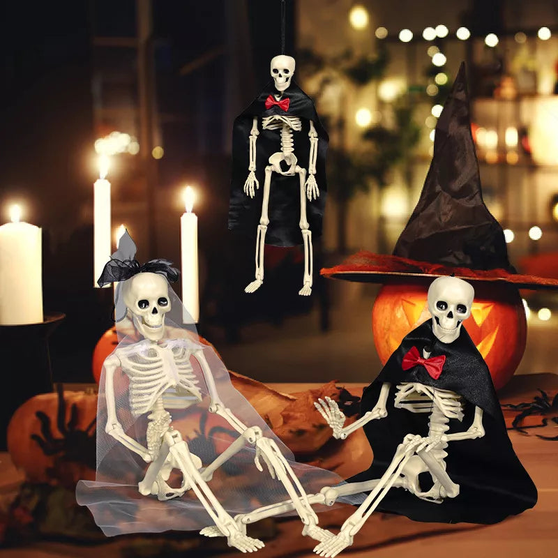 Halloween Posable Skeleton Couple with Wedding Veil and Cape