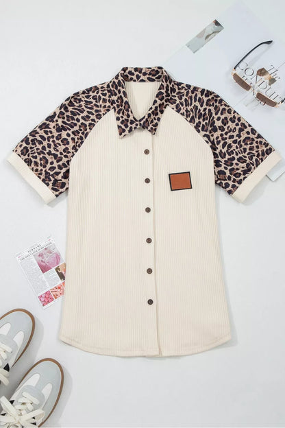 Ribbed Texture Button Down Leopard Patchwork Short Sleeve Shirt