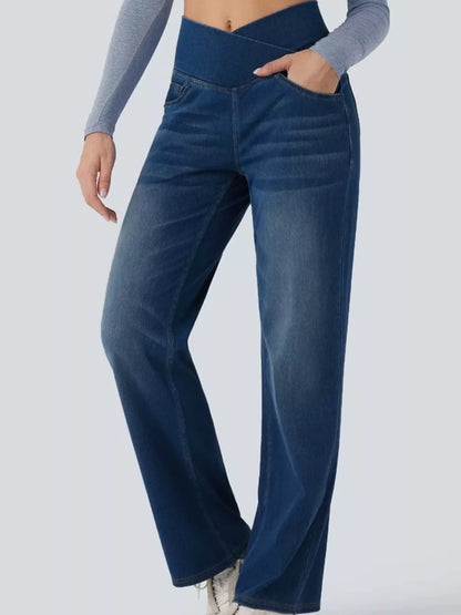 High Waisted Stretch Jeans with Crossover Waist | Straight Leg