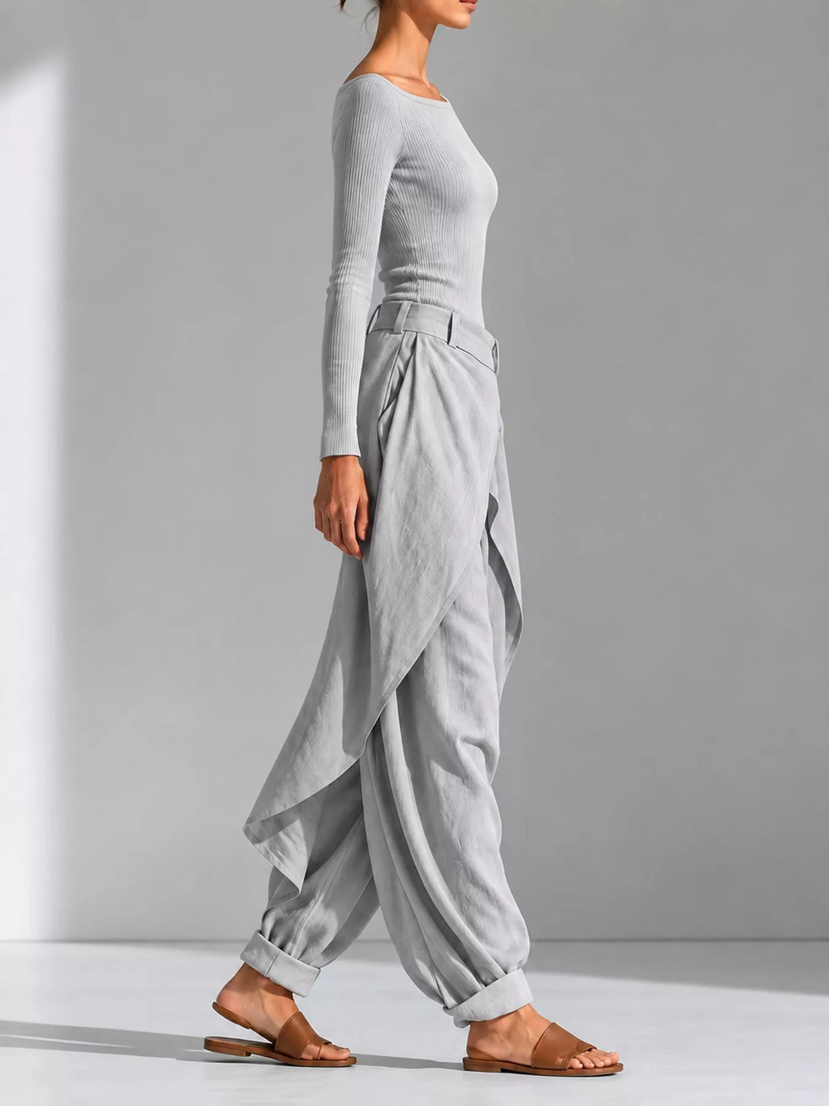 Boat Neck Long-Sleeve Top and Wrap Wide-Leg Pant Set